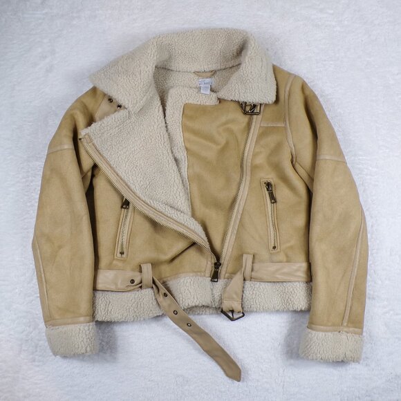 West of Melrose Full Zip Tan Shearling Jacket with Belt Faux Suede Size XS - Picture 1 of 12